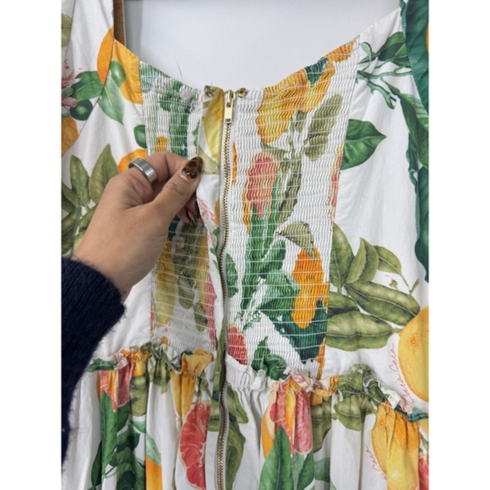 Cara Cara Citrus Print Blue Hill Midi Dress Square Neck Puff Sleeve Size‎ 12 - Picture 5 of 7